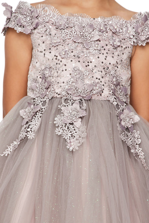 Girls Multi Color 3D Floral Tulle Off Shoulder Junior Bridesmaid Dress 2-12